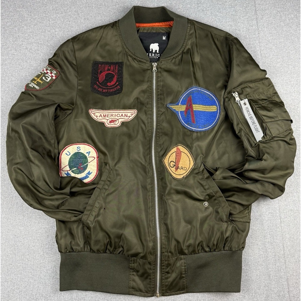 American Stitch Military Patch Bomber Jacket Men M Olive Green Flight MA-1